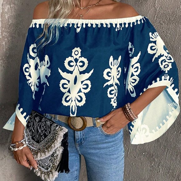 Navy Blue Boho Women's Off-Shoulder Printed Shirt - Picture 3 of 5